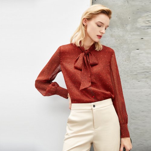 OEM factory crape blouse with bowknot tied collar