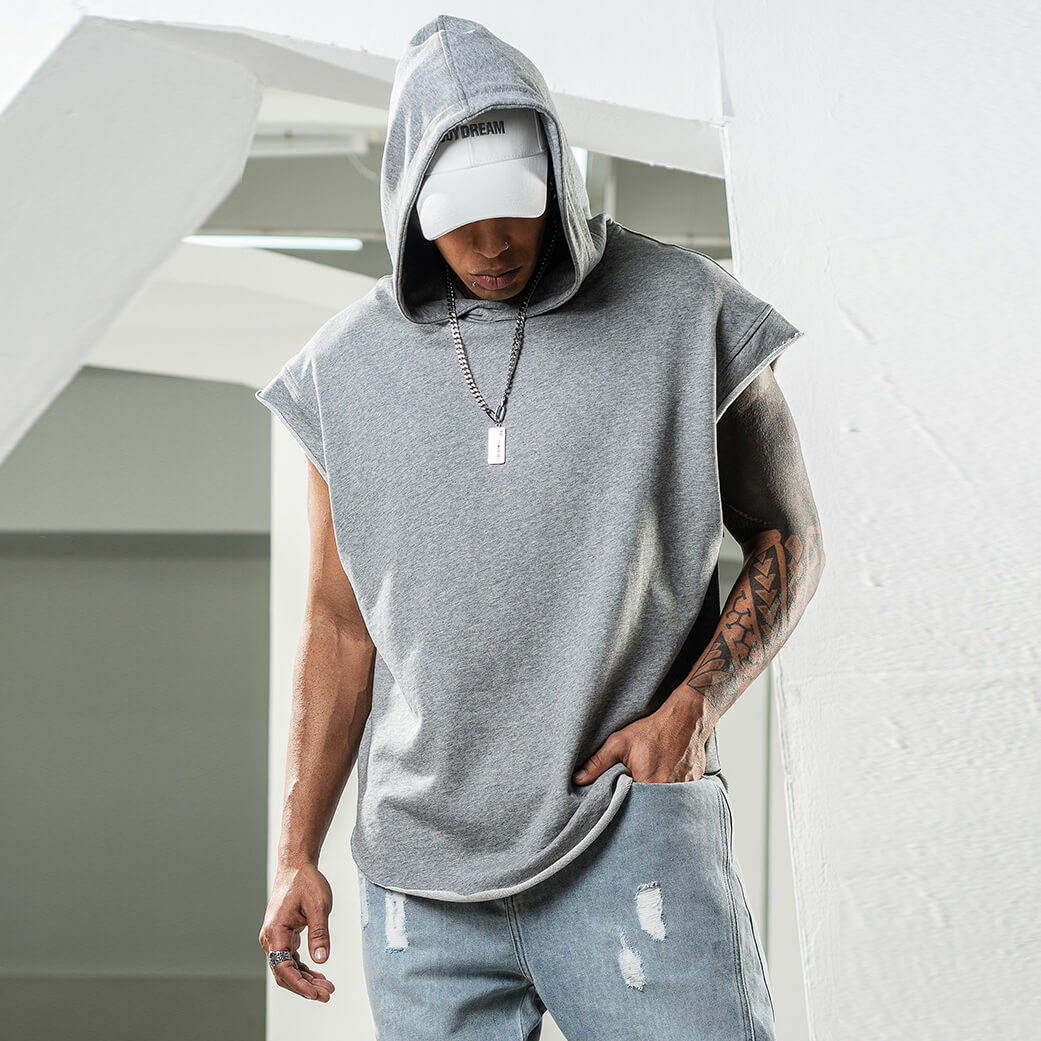 french terry cap sleeve pullover with hood