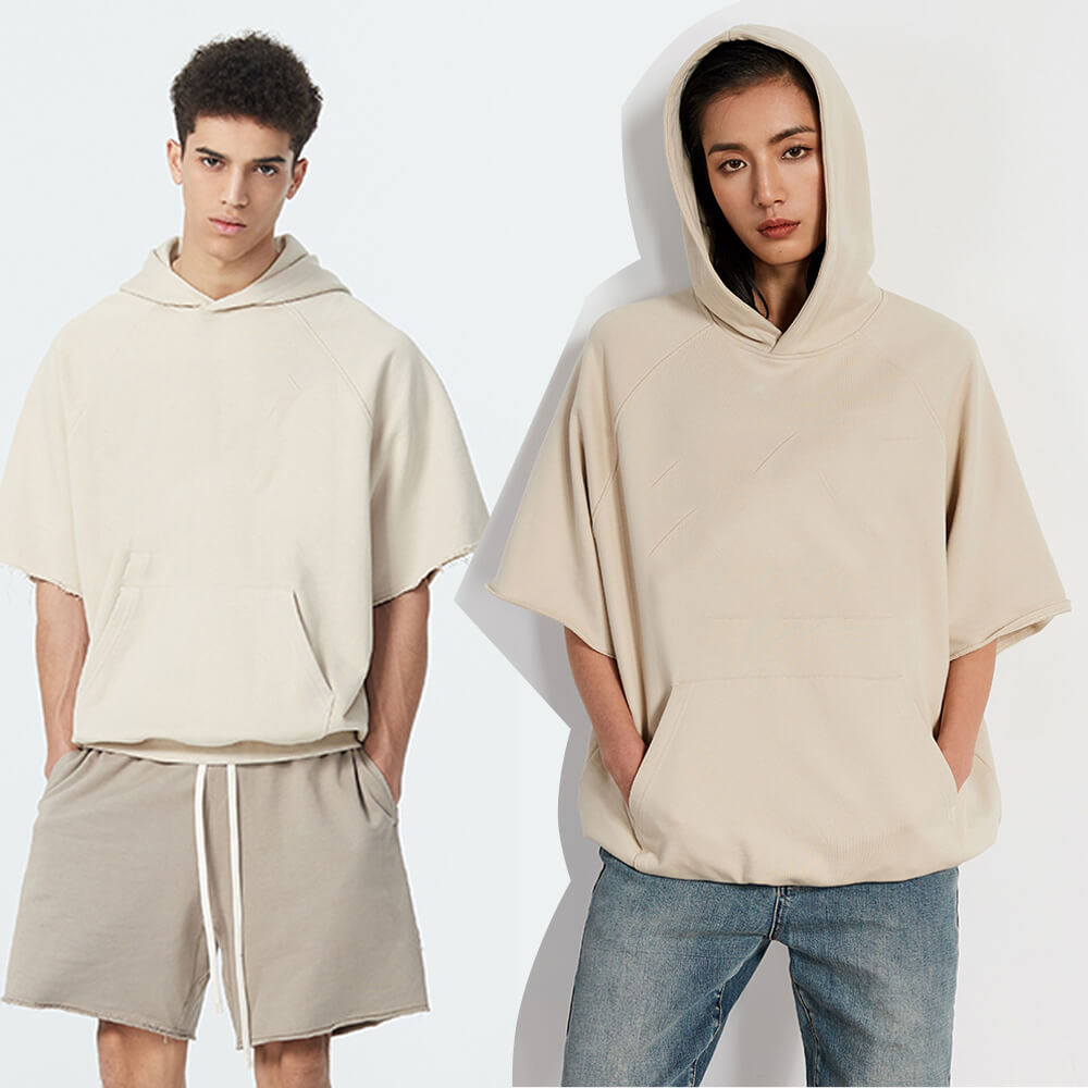 unisex oversized raw edge short sleeve hoodie 丨 Lezhou Garment