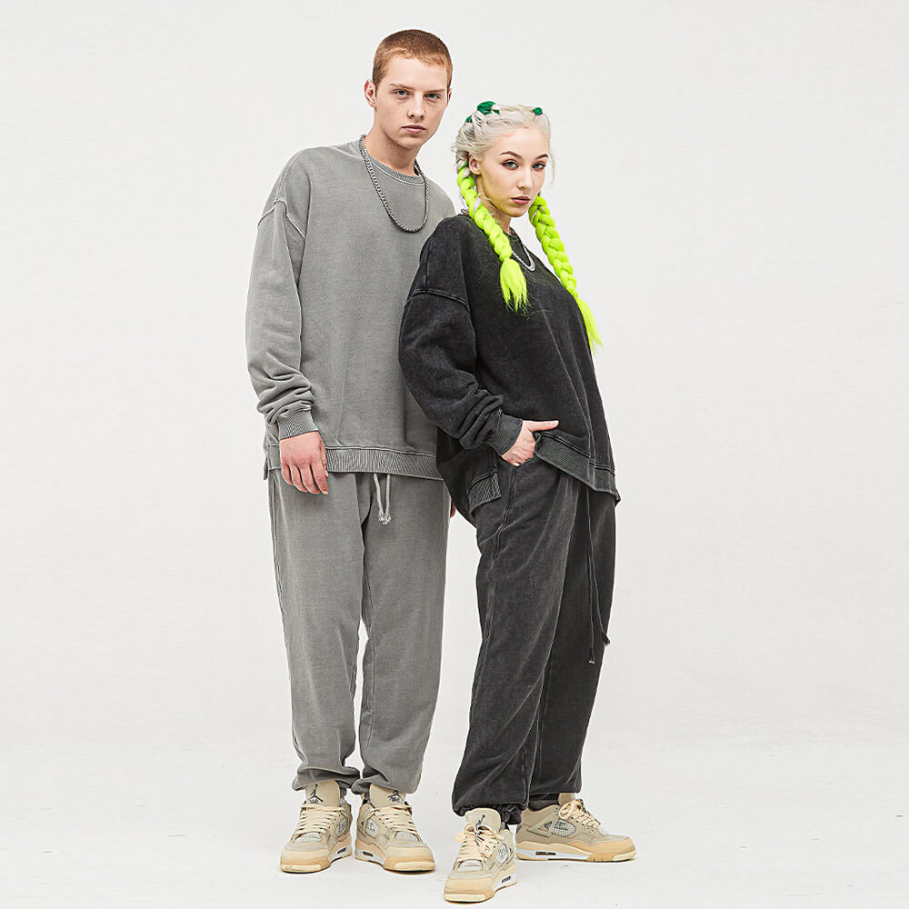 acid wash unisex couple sweatsuit set bulk sale 丨 Lezhou Garment