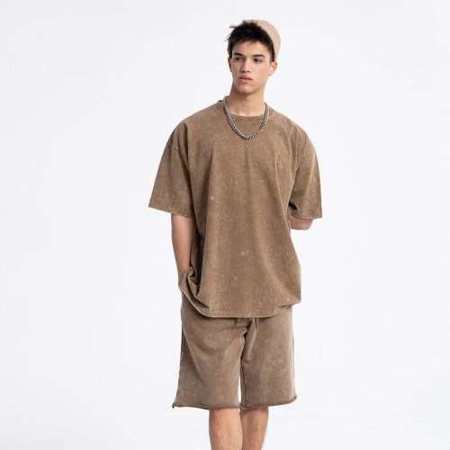 t10224 mens heavyweight acid wash t shirt with shorts summer twin set (2)