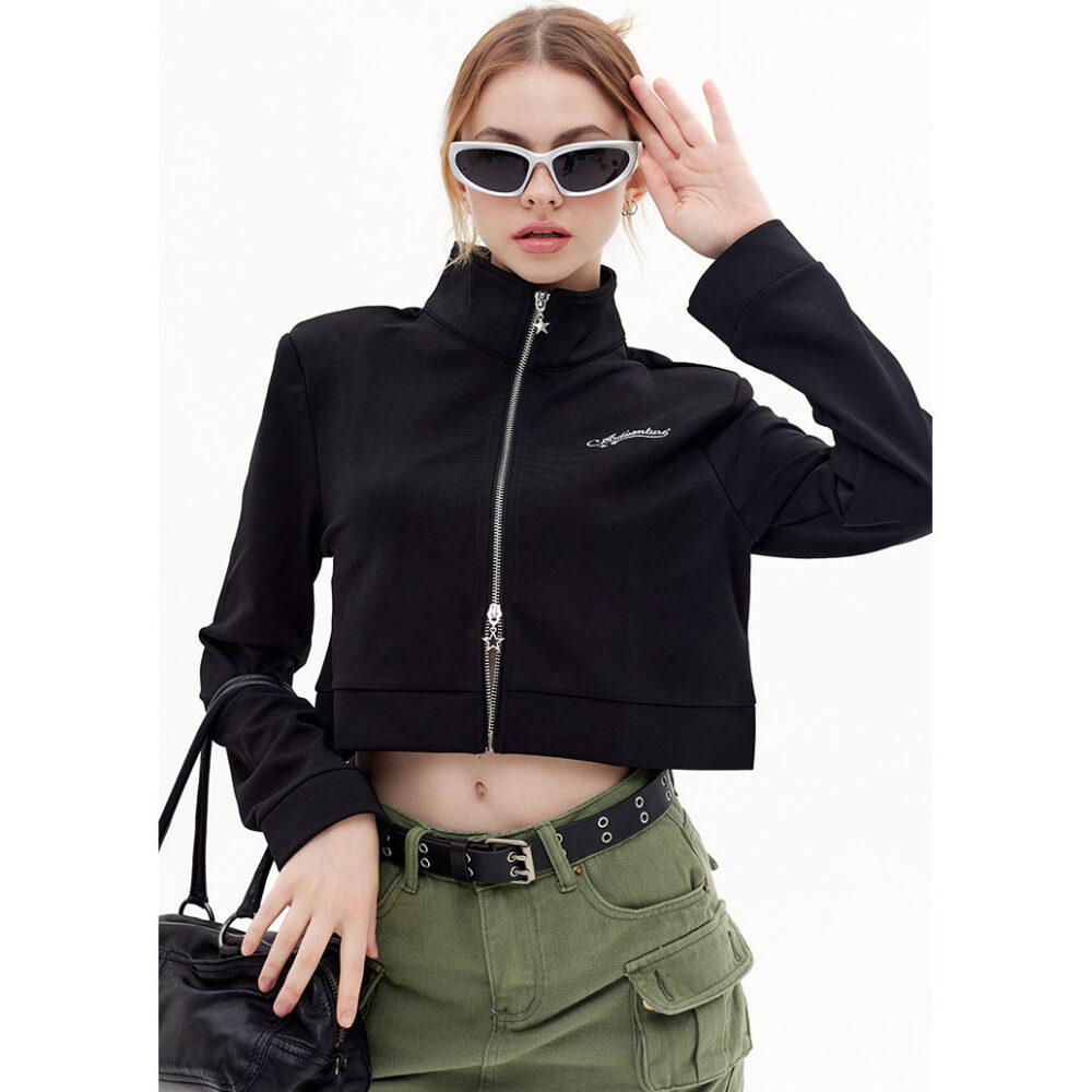 women's two way zipper stand collar cropped jacket