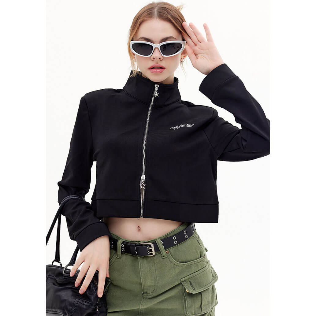 Women's two-way zipper stand collar cropped jacket 丨 Lezhou Garment