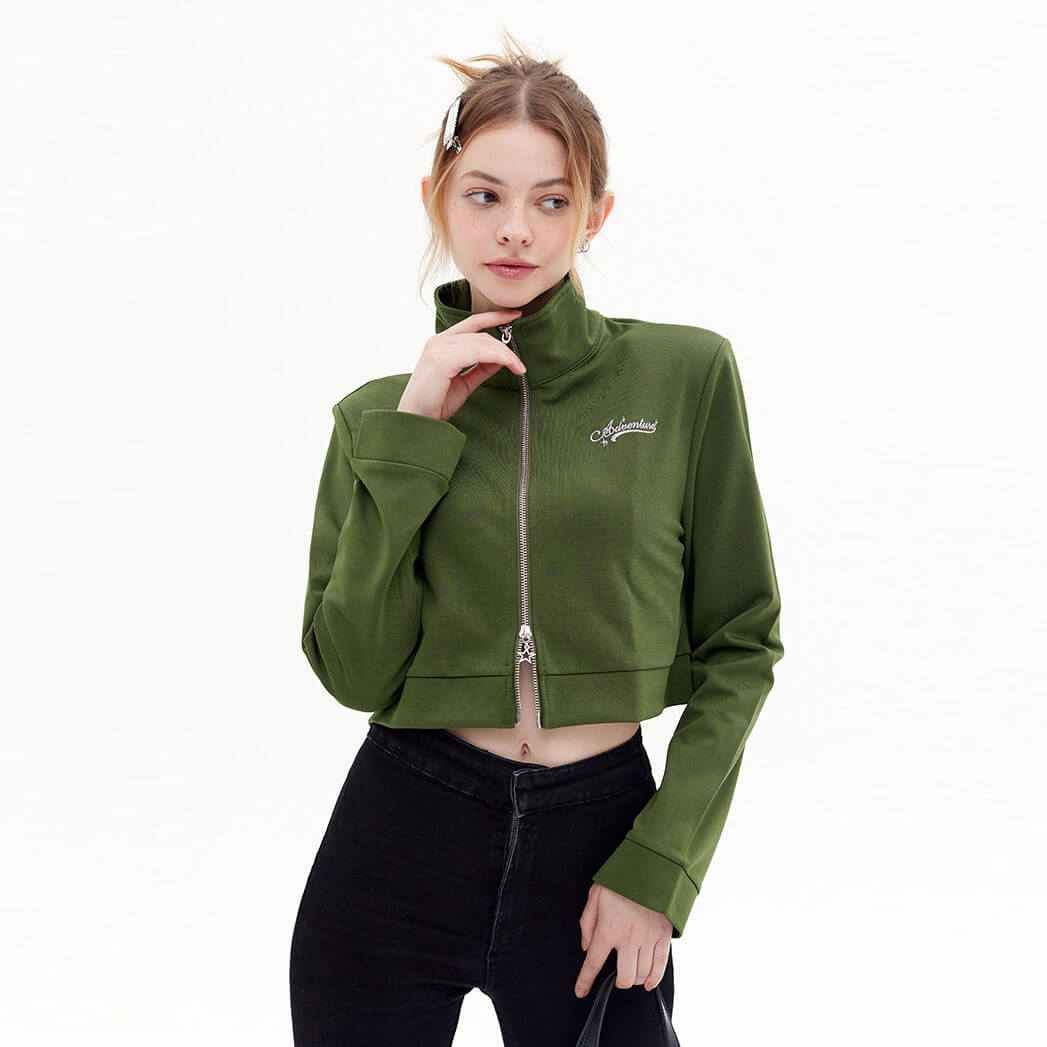Women's two-way zipper stand collar cropped jacket 丨 Lezhou Garment