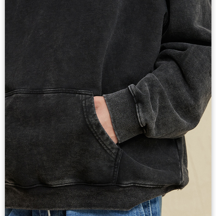 acid washing drop shoulder black hoodie 丨 Lezhou Garment