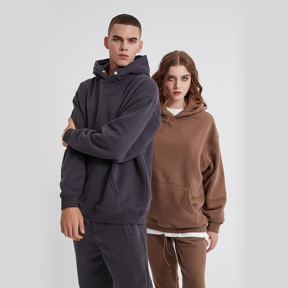 unisex loose fit fleece hoodie with spap button on hood