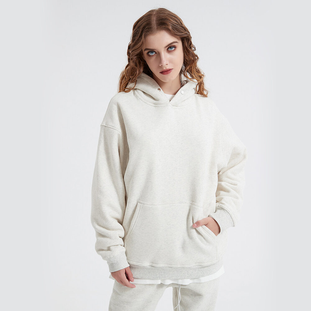 unisex loose fit fleece hoodie with spap button on hood